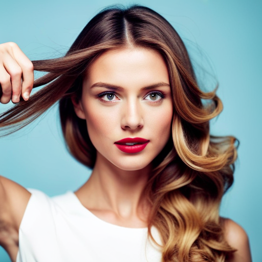 a close-up shot of a woman's hand effortlessly curling a section of hair with a curling iron, while the rest of her hair flows in natural waves