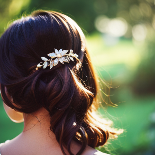 a photo of a woman with a sleek, straight hairstyle for a daytime event, then show her with loose curls and an embellished hair accessory for an evening event