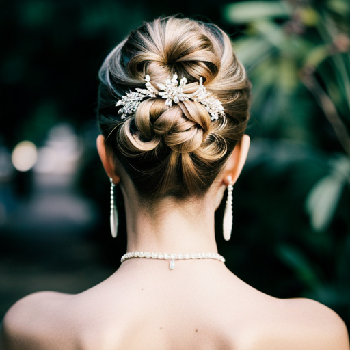 An image of a woman with a sleek and intricate updo hairstyle, with curled tendrils framing her face, and adorned with elegant hair accessories like pearls or a crystal hairpin