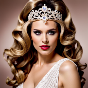 An image of a woman with long, cascading hair adorned with voluminous curls and a sparkling tiara, showcasing the versatility and glamour of using hair extensions and wigs in pageant hairstyles