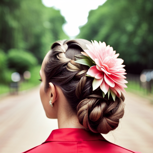 An image of a woman with a classic victory roll hairstyle, adorned with a large flower or bow accessory